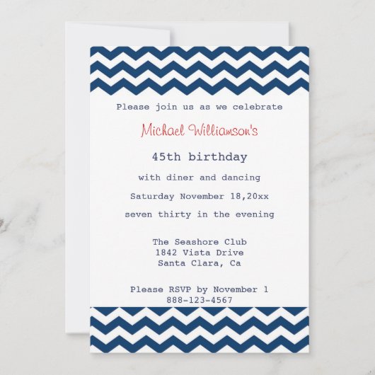 Blue and White Chevron Invitation Kaart (Voorkant)