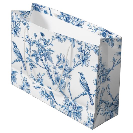 Blue and White Chinoiserie Floral Birds Groot Cadeauzakje (Voorkant Gekanteld)