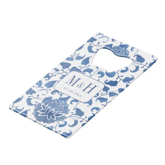 Blue and White Chinoiserie Wedding Monogram Creditkaart Flessenopener (Voorkant Gekanteld)