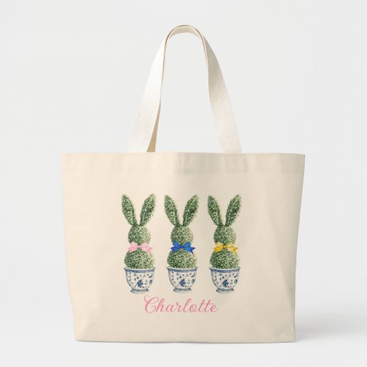 Blue and White Chinoiserie With Rabbit Topiaries Grote Tote Bag (Voorkant)