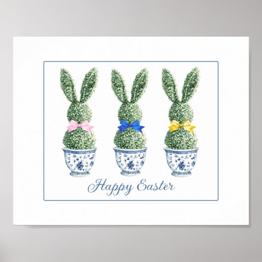 Blue and White Chinoiserie With Rabbit Topiaries Poster (Voorkant)