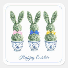 Blue and White Chinoiserie With Rabbit Topiaries Vierkante Sticker