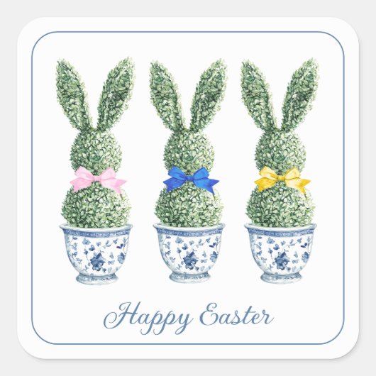 Blue and White Chinoiserie With Rabbit Topiaries Vierkante Sticker (Voorkant)