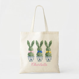 Blue and White Chinoiserie With Rabbits Topiary Tote Bag