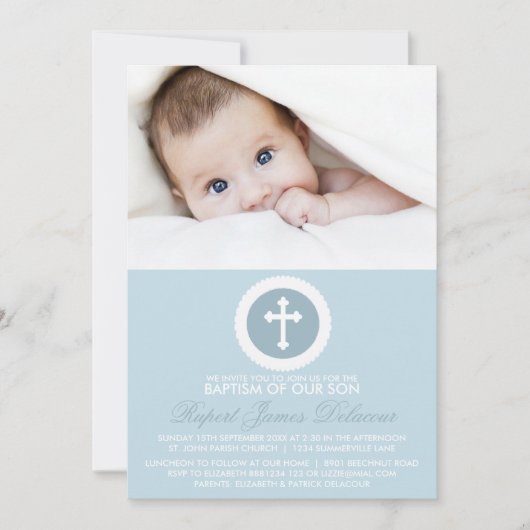 Blue and White Cross Baptism Photo Invitation Kaart (Voorkant)