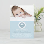 Blue and White Cross Baptism Photo Invitation Kaart (Staand voorkant)