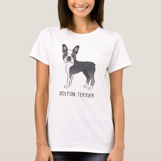 Blue and White Cute Boston Terrier Dog met tekst T-shirt (Voorkant)