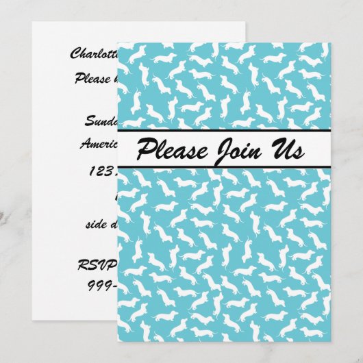 Blue and White Dachshund Party Invitation Kaart (Voorkant / Achterkant)