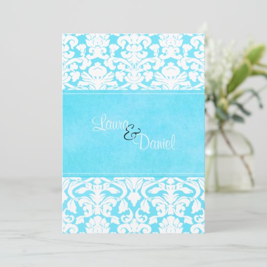 Blue and White Damask Wedding Invitation Kaart (Staand voorkant)