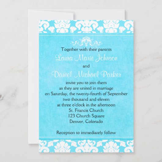 Blue and White Damask Wedding Invitation Kaart (Achterkant)