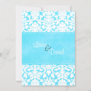 Blue and White Damask Wedding Invitation Kaart