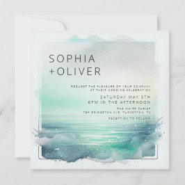 Blue and White Digital Beach Wedding Kaart