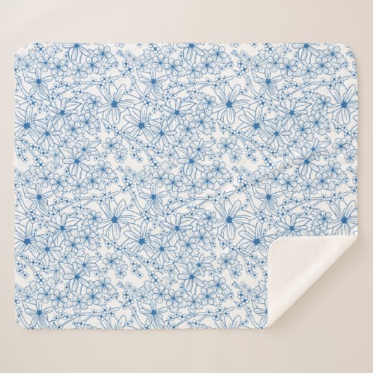 Blue and White Floral Aesthetic Sherpa Deken (Voorkant (horizontaal))