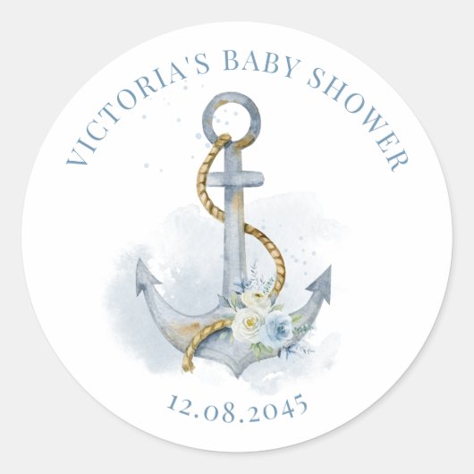 Blue and White Floral Anchor Nautical Baby Shower Ronde Sticker (Voorkant)