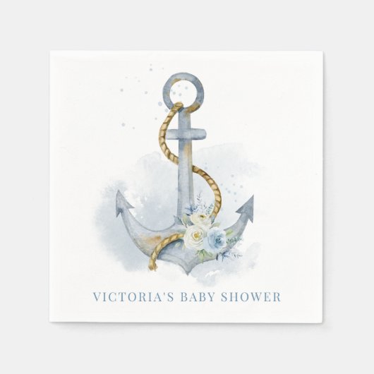 Blue and White Floral Anchor Nautical Baby Shower Servet (Voorkant)