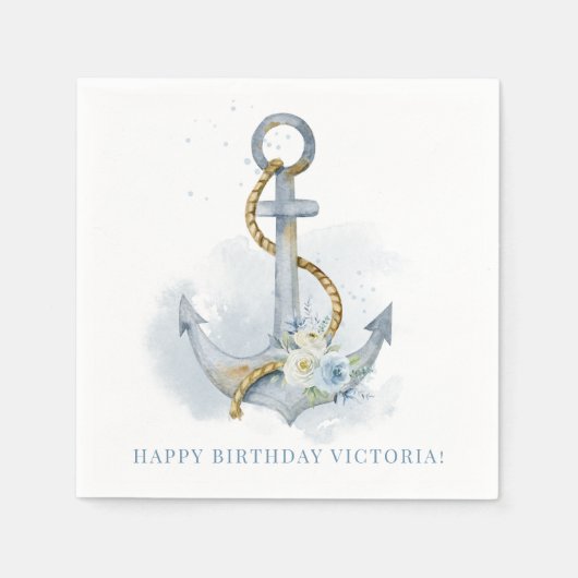Blue and White Floral Anchor Nautical Birthday Servet (Voorkant)