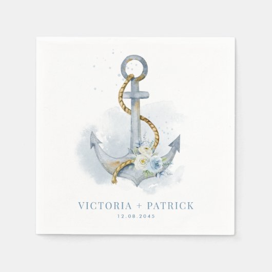 Blue and White Floral Anchor Nautical Wedding Servet (Voorkant)