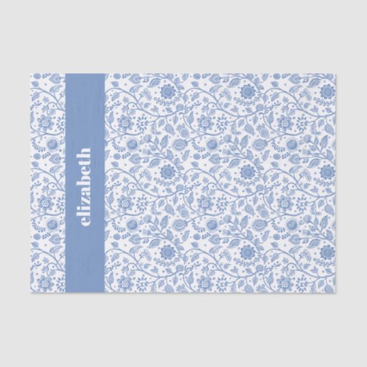 Blue and White Floral Botanical Custom Name Modern Tissuepapier (Voorkant)