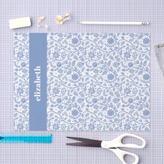 Blue and White Floral Botanical Custom Name Modern Tissuepapier (Craft)