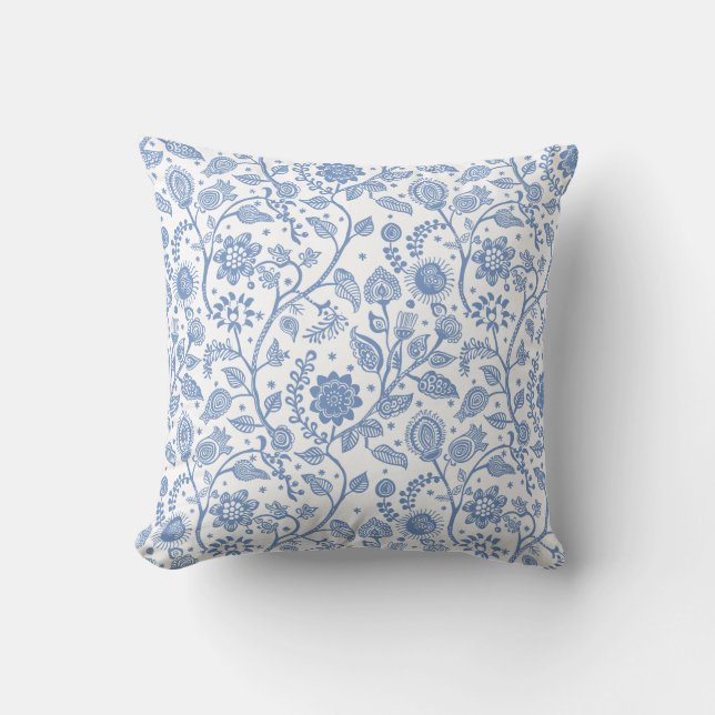 Blue and White Floral Botanical Pattern Whimsical Kussen (Voorkant)