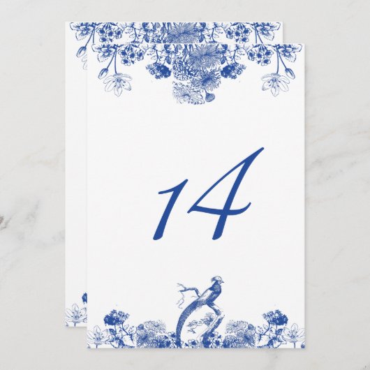 Blue and White Floral China Pattern Table Number Kaart (Voorkant / Achterkant)