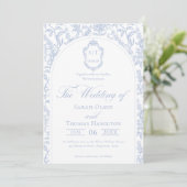 Blue and White Floral Chinoiserie Monogram Wedding Kaart (Staand voorkant)