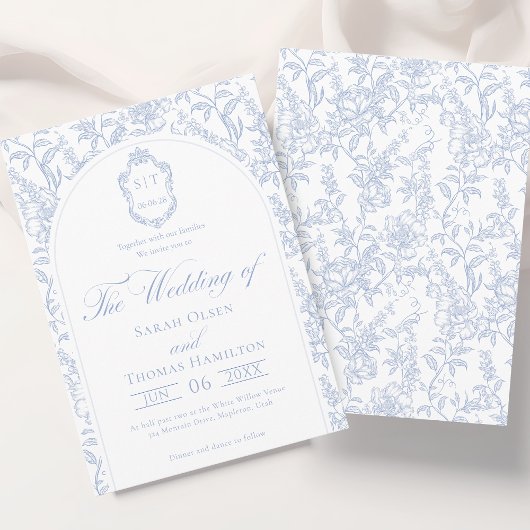 Blue and White Floral Chinoiserie Monogram Wedding Kaart