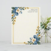 Blue and White Floral Corners Stationery Paper Briefhoofd (Staand voorkant)