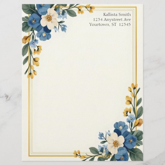 Blue and White Floral Corners Stationery Paper Briefhoofd (Voorkant)