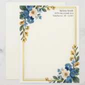 Blue and White Floral Corners Stationery Paper Briefhoofd (Voorkant / Achterkant)