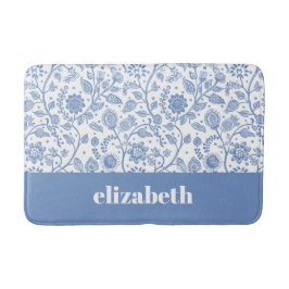 Blue and White Floral Custom Name Botanical Modern Badmat