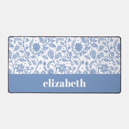 Blue and White Floral Custom Name Botanical Modern Bureaumat (Voorkant)
