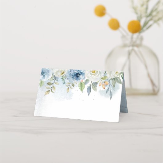 Blue and White Floral Wedding Folded Place Card Plaatskaartje (Voorkant)