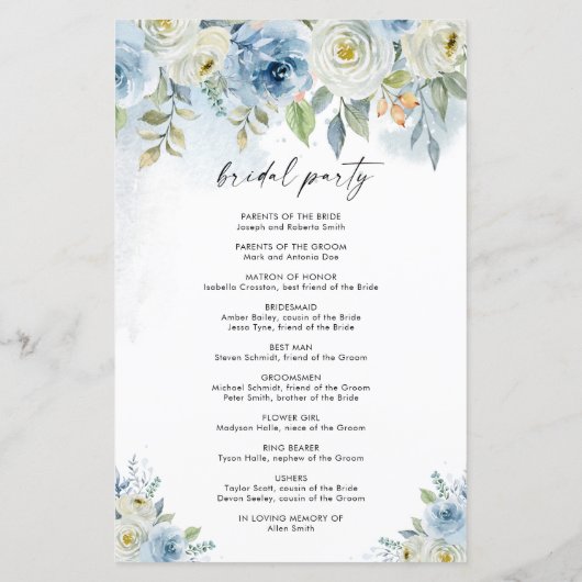 Blue and White Floral Wedding Program Card (Achterkant)