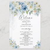 Blue and White Floral Wedding Program Card (Voorkant / Achterkant)