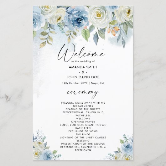 Blue and White Floral Wedding Program Card (Voorkant)