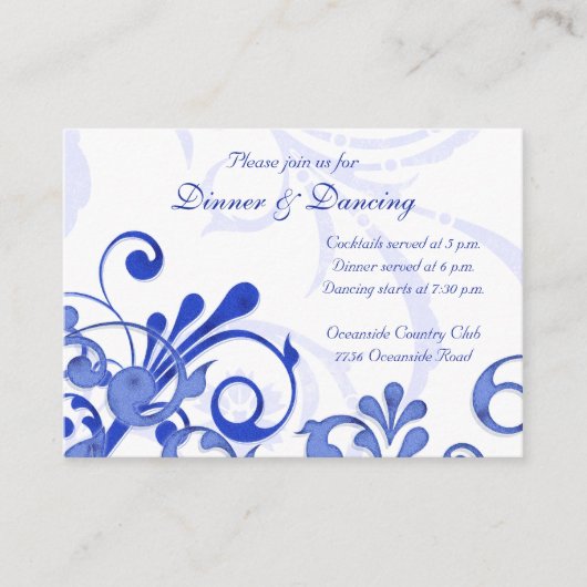 Blue and White Floral Wedding Reception Card Informatiekaartje (Voorkant)