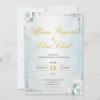Blue and White Flower Beauty Wedding Invitation Kaart