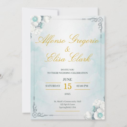 Blue and White Flower Beauty Wedding Invitation Kaart (Voorkant)