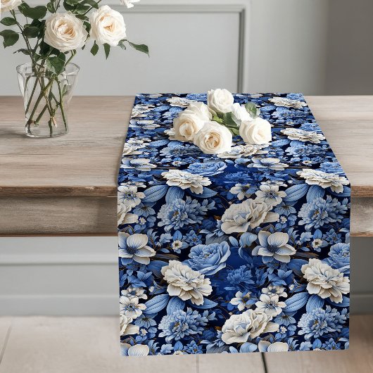 Blue and White Flowers Elegant Table Runner Lange Tafelloper