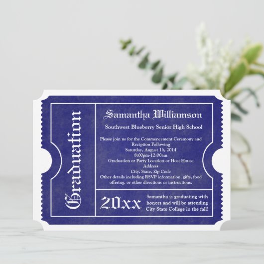 Blue and White formal Afstuderen Ticket Kaart (Staand voorkant)
