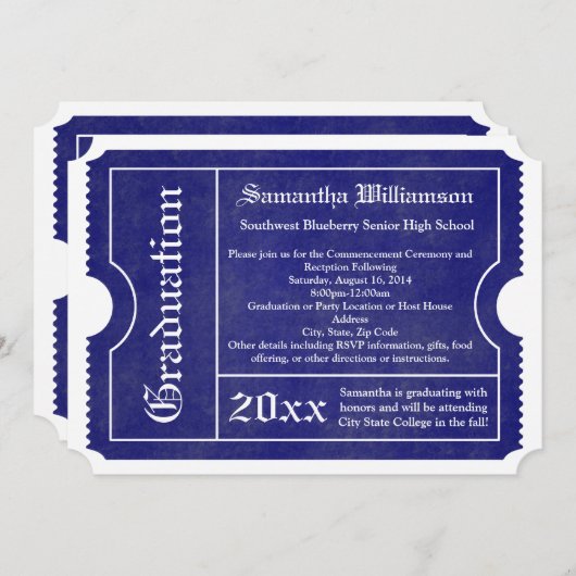Blue and White formal Afstuderen Ticket Kaart (Voorkant / Achterkant)