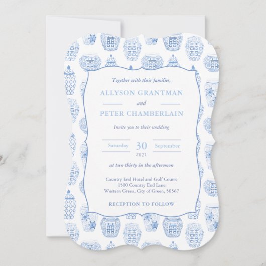 Blue and White Ginger Jar Chinoiserie Wedding Kaart (Voorkant)