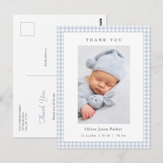 Blue and white Gingham Baby Boy Birth Announcement Briefkaart (Voorkant / Achterkant)
