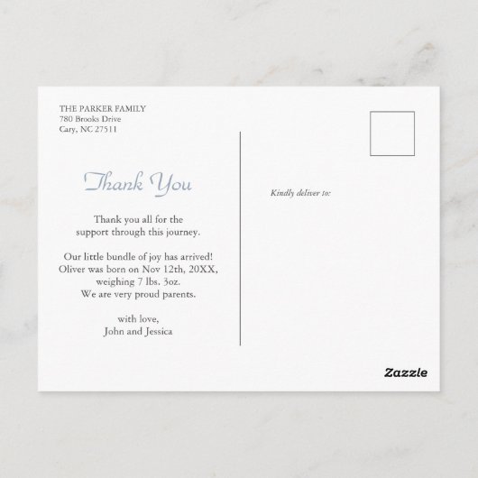 Blue and white Gingham Baby Boy Birth Announcement Briefkaart (Achterkant)