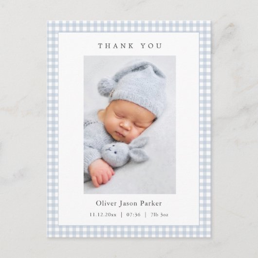 Blue and white Gingham Baby Boy Birth Announcement Briefkaart (Voorkant)