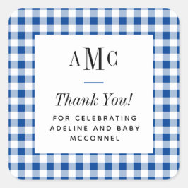 Blue and White Gingham Monogram Dank je Vierkante Sticker