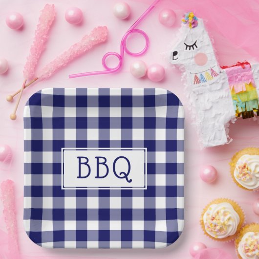 Blue and White Gingham Pattern BBQ Party Papieren Bordje (Feest)