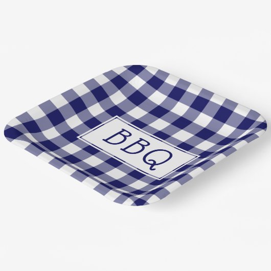 Blue and White Gingham Pattern BBQ Party Papieren Bordje (Gebogen)