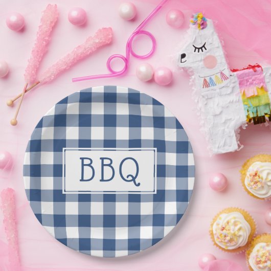 Blue and White Gingham Pattern BBQ Party Papieren Bordje (Feest)